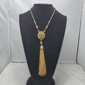 Ali Khan filigree pendant / chain tassel & linked peach glass beads & gi…